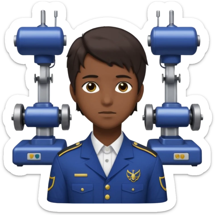 A 20-year-old man with dark brown hair, anime style, dark brown eyes, his hair on the right side is normal and straight, while the left side extends sideways. He is wearing a collared uniform. The background is filled with machines. sticker