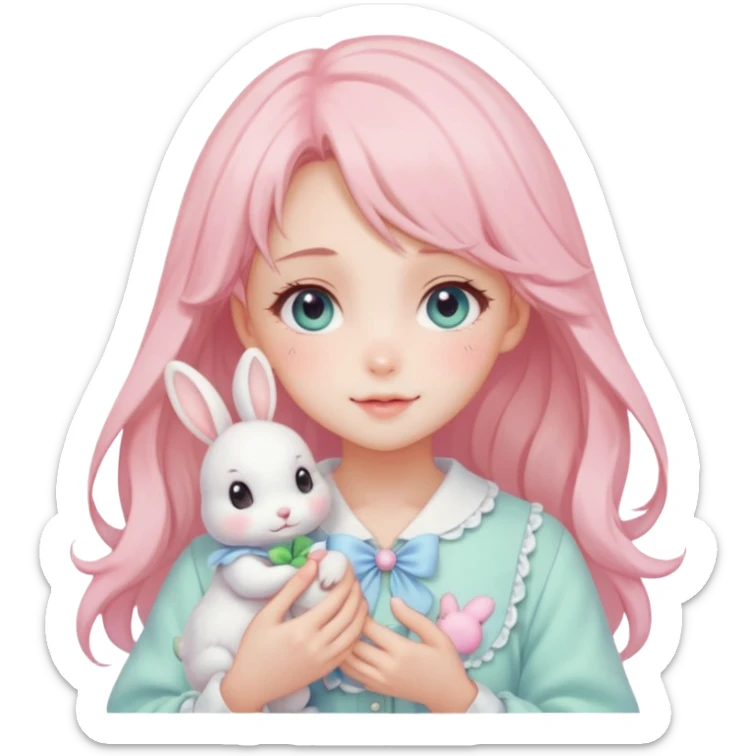 Gorgeous pastel anime style lady with blushing face and holding a bunny cottagecore fairycore pastelcore colorful pearly romantic simplistic aesthetic trending style sticker