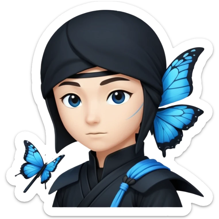 Crea un emoji para usar en WhatsApp con estos dos emoji 🥷🏻🦋.
Ninja vestido de negro con la piel blanca y una mariposa azul posada en su hombro izquierdo como si la mar6 estuviera volando en su hombro. sticker