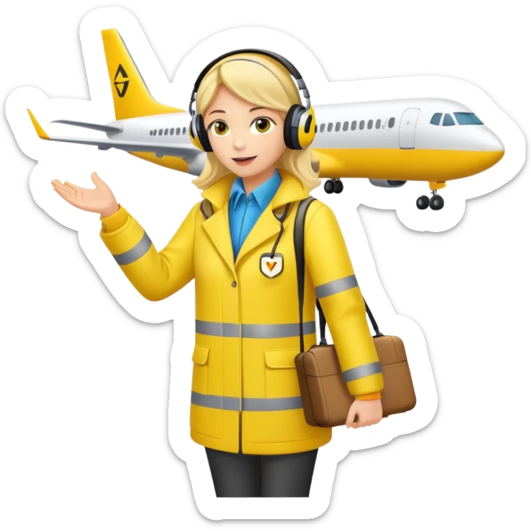 ramp agent at airport wearing bright yellow coat and headphones, directing aircraft sticker