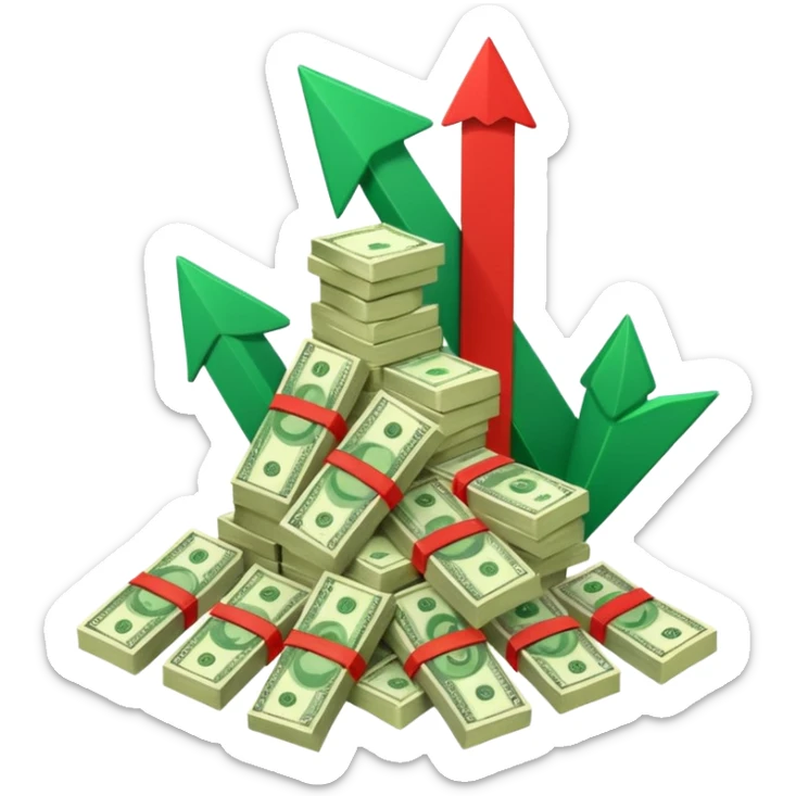 a pile of money infront of strategy paper with red arrow up sticker