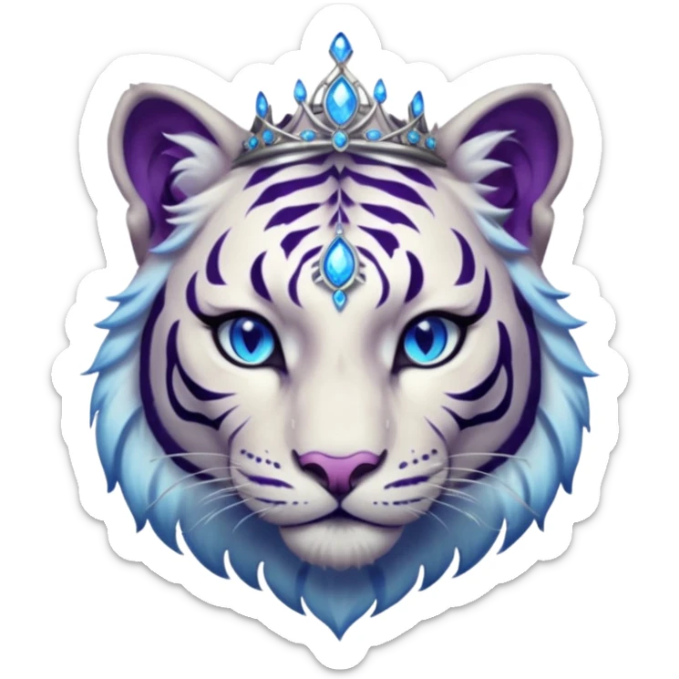 ESO Female white/black tiger khajiit leader of the umbral rose, glowing blue eyes, glowing blue 'third eye' gem; purple gemmed silver tiara sticker
