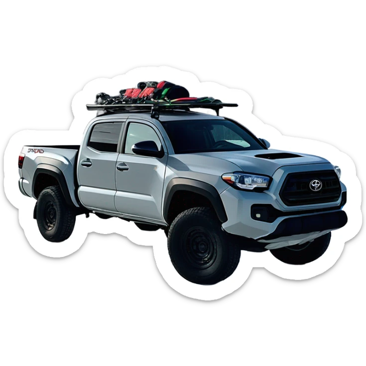 Cement grey Toyota Tacoma 2020 TRD pro with hard shell topper and ski rack parked in snow in front of a ski resort with dark tinted windows  sticker