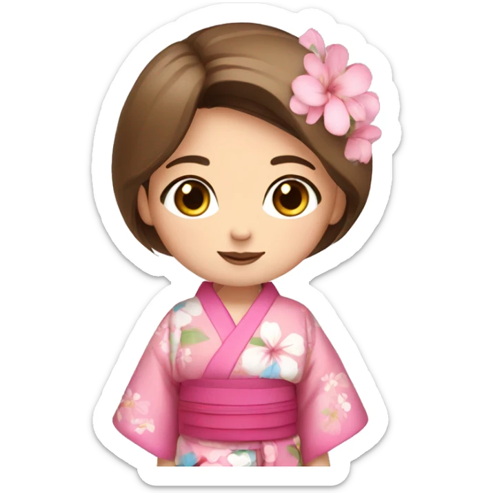 cute girl brown straight hair and blue eyes in pink flower kimono sticker