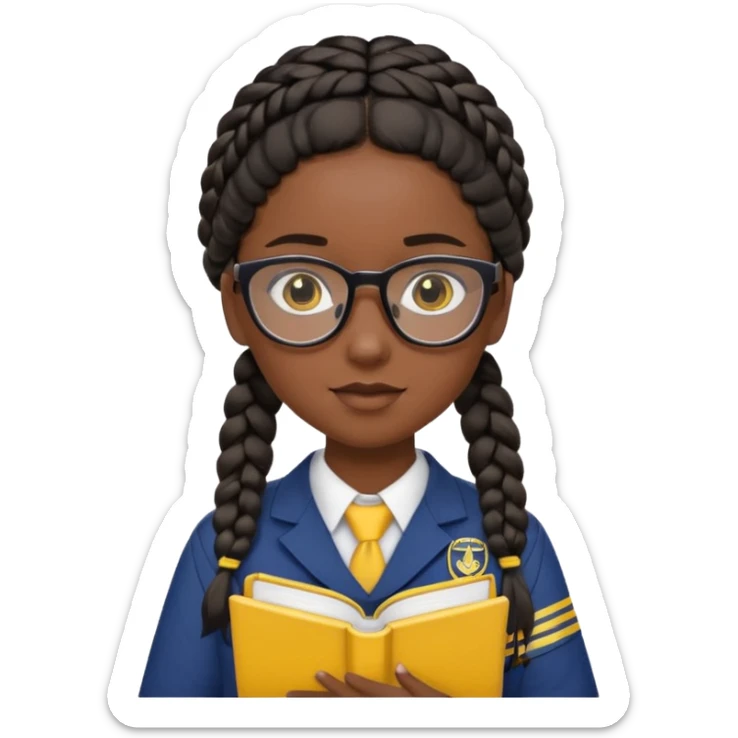 Girl student wearing uniform, glasses, hold yellow book in front of their chest, black braided hair, dark skin sticker