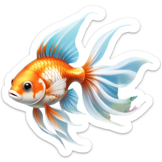 Large aquarium fish like veil tails and lionhead goldfish swimming gracefully in a beautifully decorated aquarium. Colorful aquatic plants, smooth rocks, and gentle bubbles surround the fish. The water shimmers in sunlight, creating a peaceful and vibrant underwater scene. Transparent background. sticker