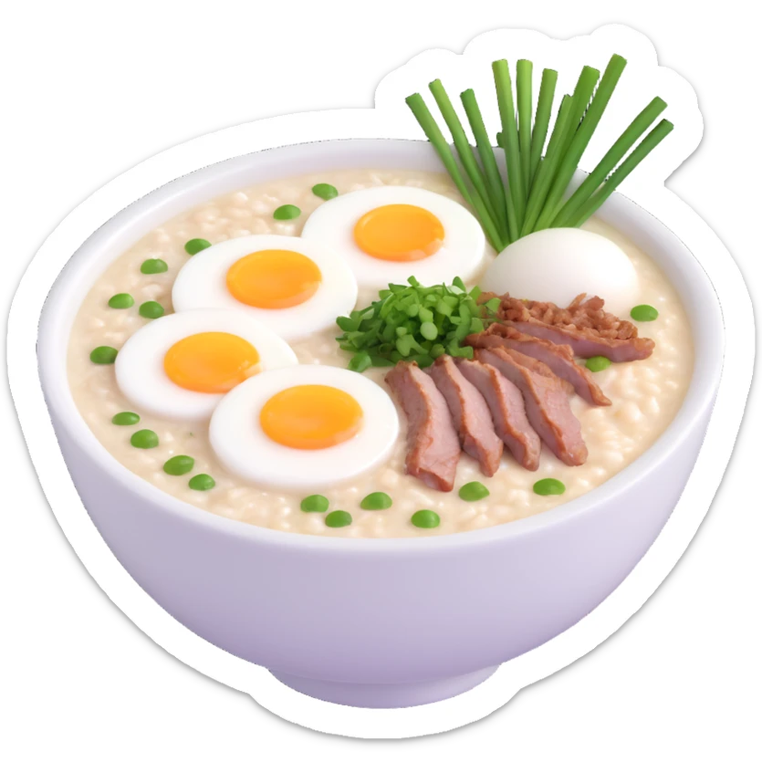 bowl of Asian rice porridge (congee) with steam, simple round bowl, topped with halved soft-boiled egg, minced pork, chopped green onions, cilantro, crispy fried garlic, smooth colorful clean minimal cute sticker