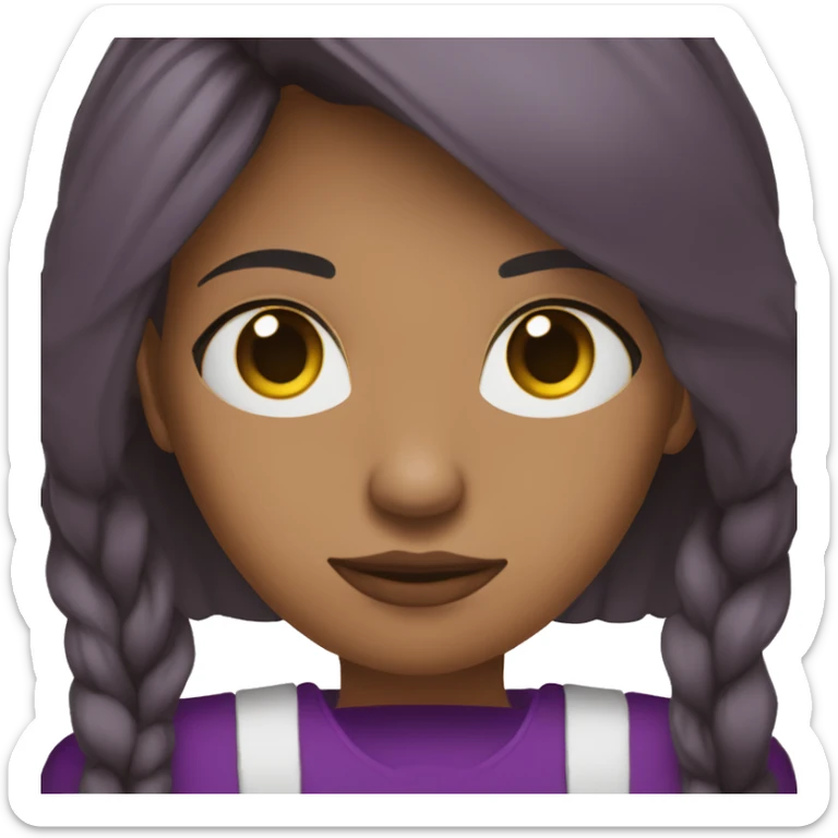 Mujer joven de tes trigueña de ojos razgados y oscuros usa una blusa morada y esta señalando con sus dos brazos hacia arriba sticker