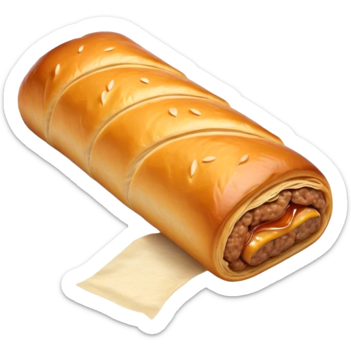 cinematic-realistic-sausage-roll-dish-emoji,-depicted-with-a-crisp,-golden-pastry-wrapped-around-flavorful-sausage,-rendered-with-detailed-textures-wrapped ina. plastic wrapper unrapped - and-appetizing-lighting sticker