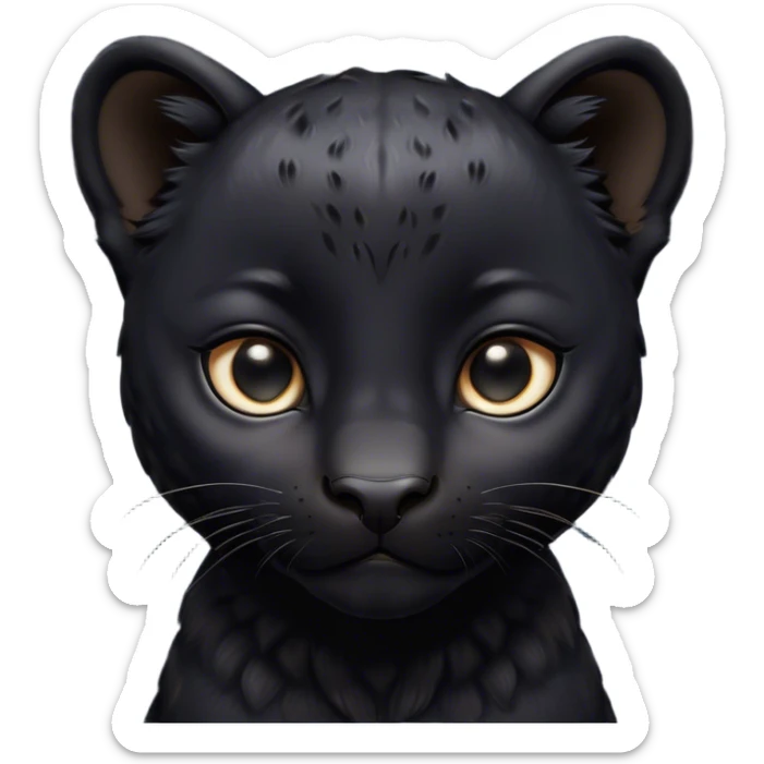 Cinematic Noble Baby black Panther Portrait Emoji, Poised with a touch of regal innocence, featuring a compact, sleek build with soft, dark fur and large, soulful eyes, Simplified yet sharp and sophisticated features, highly detailed, glowing with a gentle, mysterious glow, high shine, intelligent and endearing, stylized with an air of youthful authority, focused and attentive, soft glowing outline, capturing the essence of a tiny jungle guardian that appears ready to pounce out of the screen with effortless charm! sticker