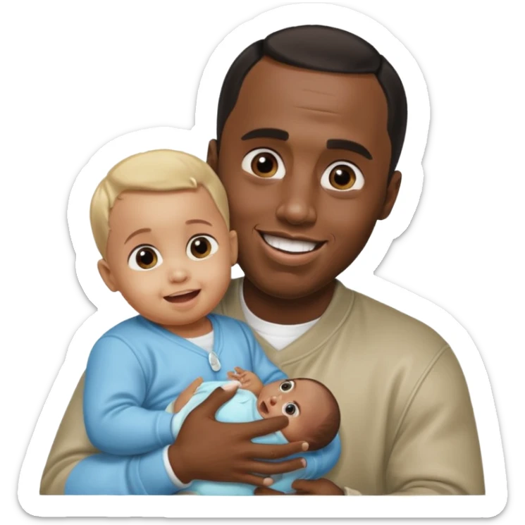 Sean “Diddy” Combs with baby oil and a very small infant and he’s pouring the baby oil on the baby and they have a scared face they’re really scared while diddy is happy sticker