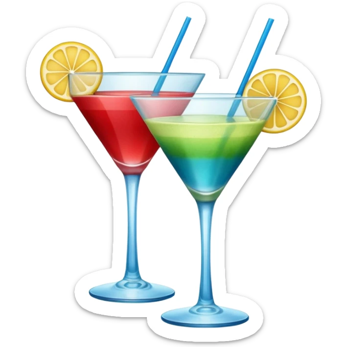 Create two emoji of clear red blended yellow cocktail, cheers with blue blended green cocktail, without any fruit, without skewers, without tube sticker