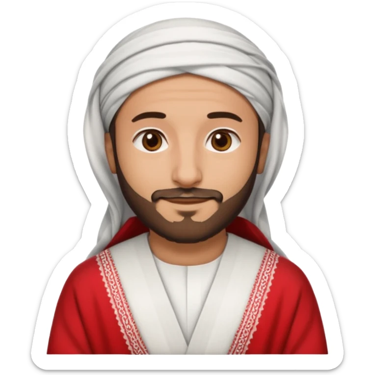 detailed iPhone-style emoji of a Saudi man with round cartoon face, short beard, brown eyes, gentle smile, wearing white thobe, red-and-white shemagh, black agal, both hands gently crossed over chest sticker