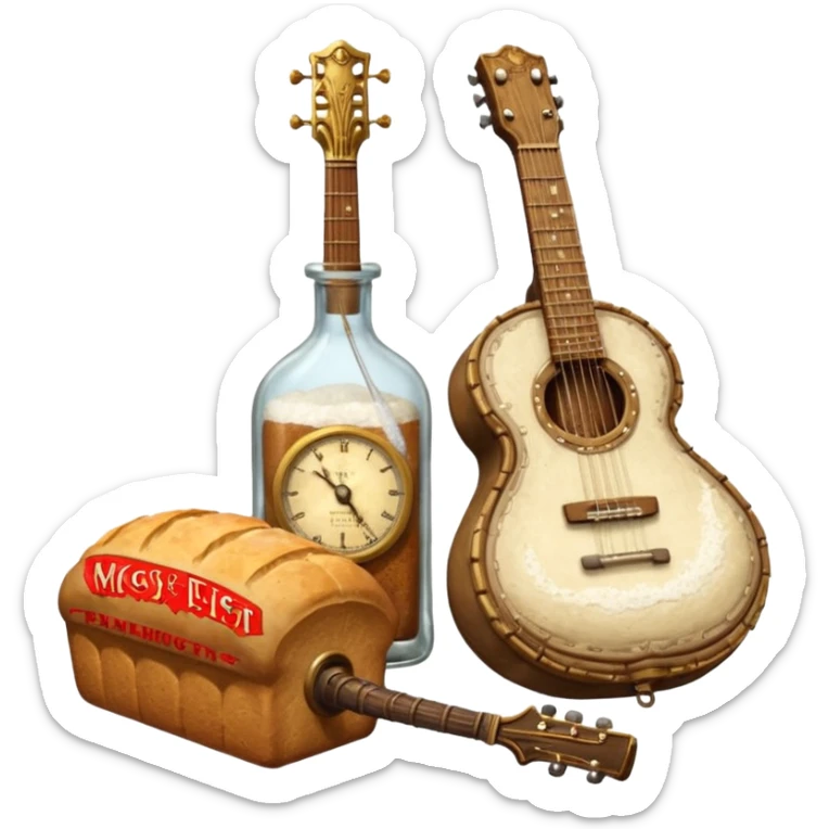 steampunk - a bottle of salt (salt shaker) and a loaf of peasant bread with a small SG Gibson electric guitar sticker
