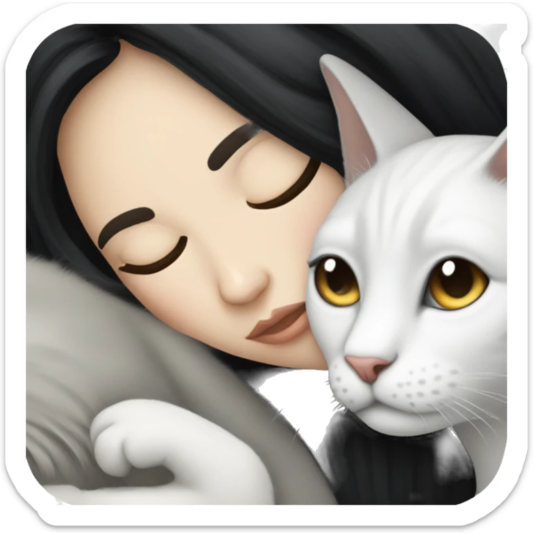 A pretty white girl with very long black hair and sleeping curled up to a white cat  sticker