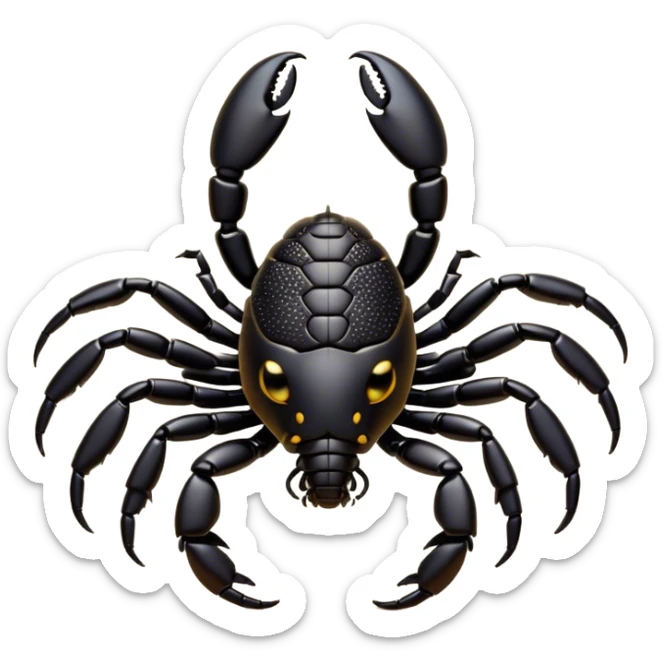 Cinematic Cute Emperor Scorpion Portrait Emoji, Head tilted playfully and inquisitively, with a compact, rugged build and a sleek, dark exoskeleton highlighted by delicate, intricate patterns and round, sparkling eyes full of curious defiance, Simplified yet irresistibly adorable features, highly detailed, glowing with a warm, friendly glow, high shine, affectionate and quirky, stylized with a touch of desert whimsy, soft glowing outline, capturing the essence of a mischievous yet endearing scorpion that feels like it could pinch its way out of the screen into your arms! sticker