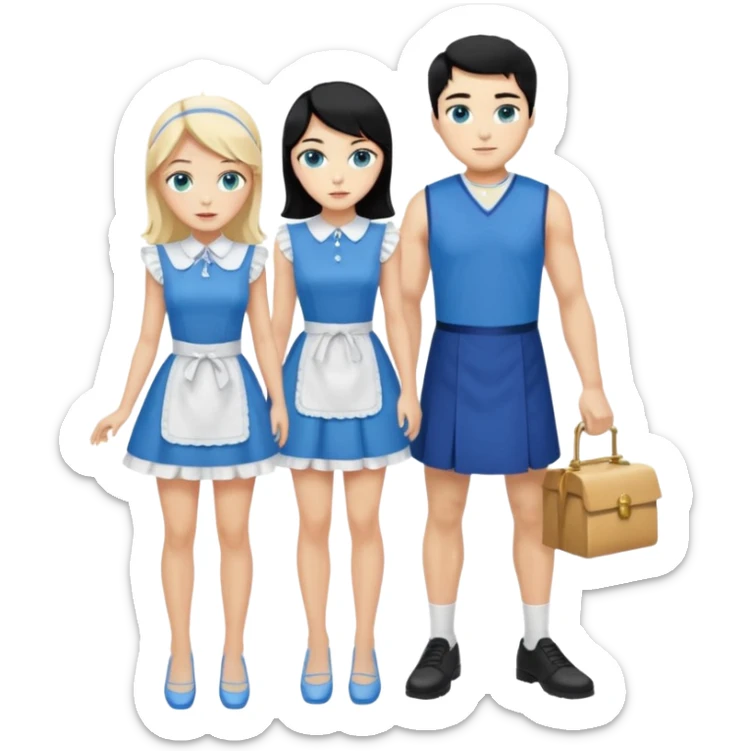 King, black hair, body, legst, blue eyes, blue garmont,  shoes, blonde maid, green eyes, sexy short sleveless White dress, shoes sticker