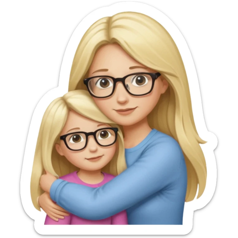 je voudrai un emoji d'une maman blonde avec des lunettes et de sa fille aux cheveux longs et blonds avec des lunettes qui fond un calin, les 2 ont les cheveux longs sticker