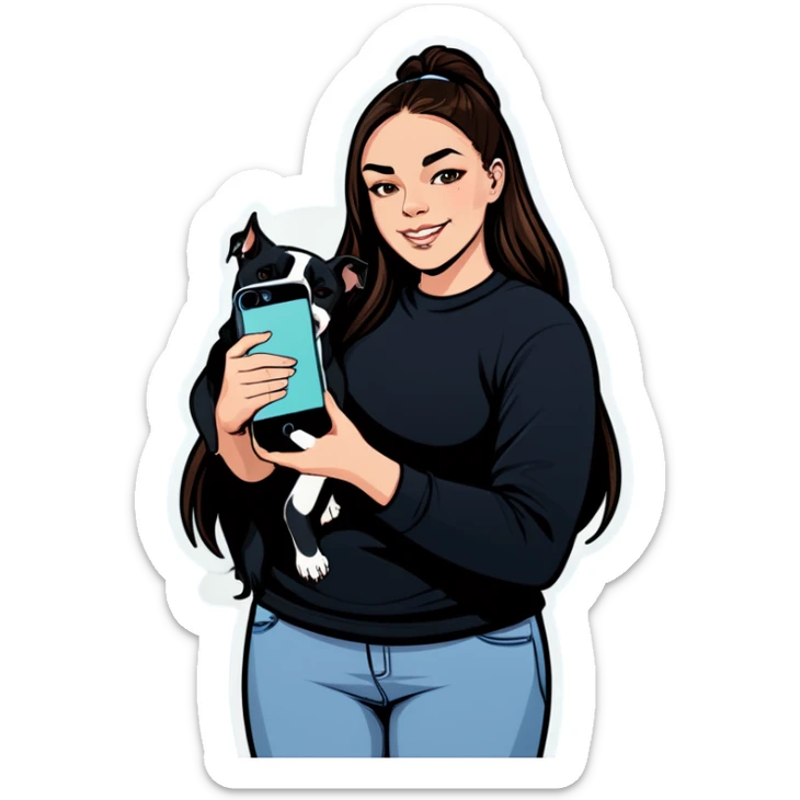 Beautiful young girl, slightly overweight with long dark hair that’s choppy cascading over her shoulders as she holds her black iPhone, and she has her beautiful dog mix of a pitbull with an under bite standing beside her sticker