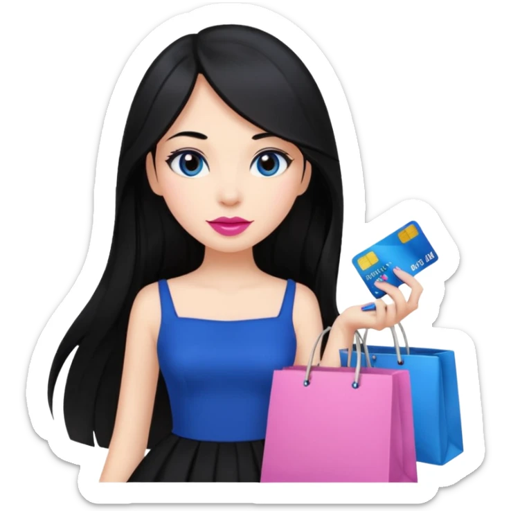 Girl with long black hair, pink lipstick, brown eyes holding shopping bags and blue credit card and wearing a black dress  sticker