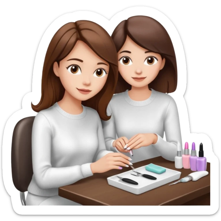 A realistic illustration of a girl with medium-length thick brown hair sitting at a manicure table. Another girl is carefully doing her nails, using professional manicure tools. Soft natural lighting, clean salon environment, detailed hands and nail work, warm and pleasant atmosphere. sticker