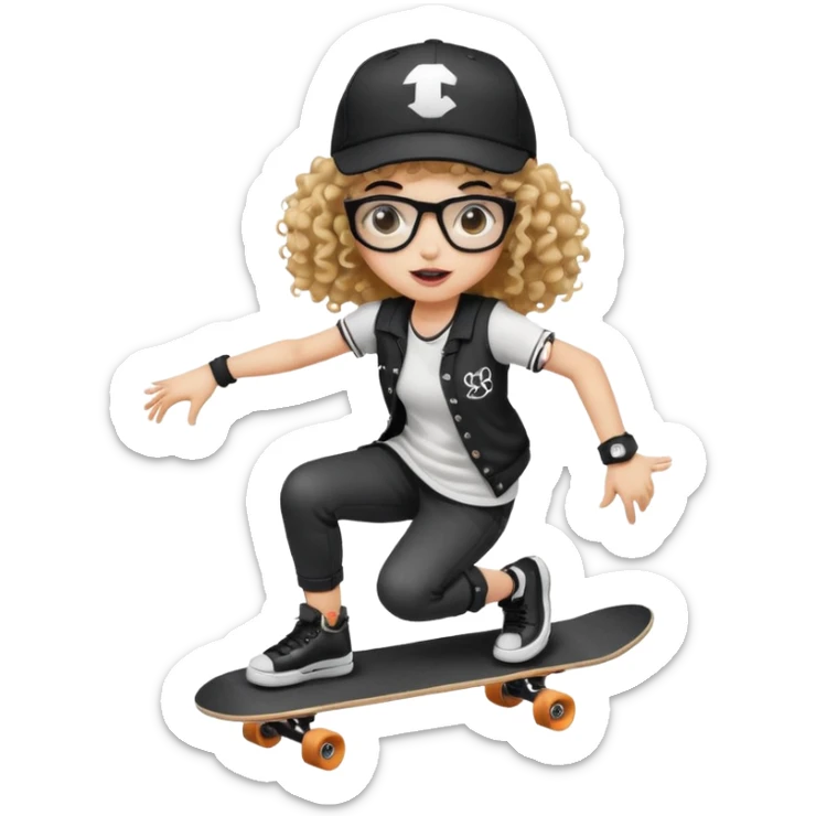 ["An excited girl with light skin, curly hair, wearing a baseball cap and square glasses, dressed in goth fashion, is skateboarding while holding a camera."] sticker