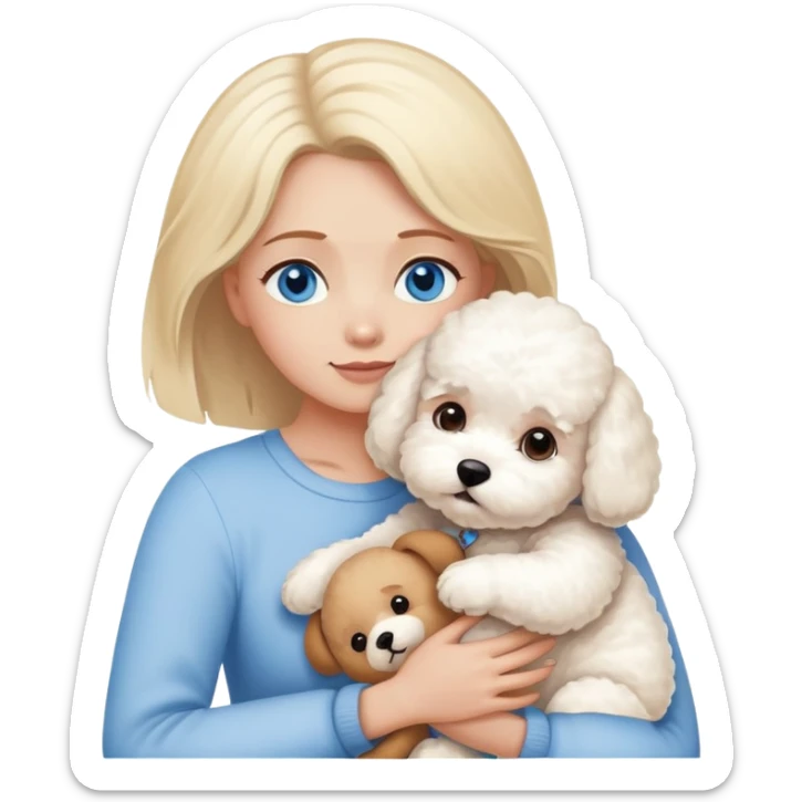 Blonde blue-eyed long-haired mother -hugs two dogs-a Bichon Frise- and- a Teddy sticker
