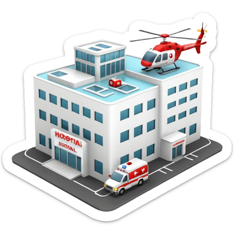 3d hospital outside, with text hospital, ambulance, helicopter , no background sticker