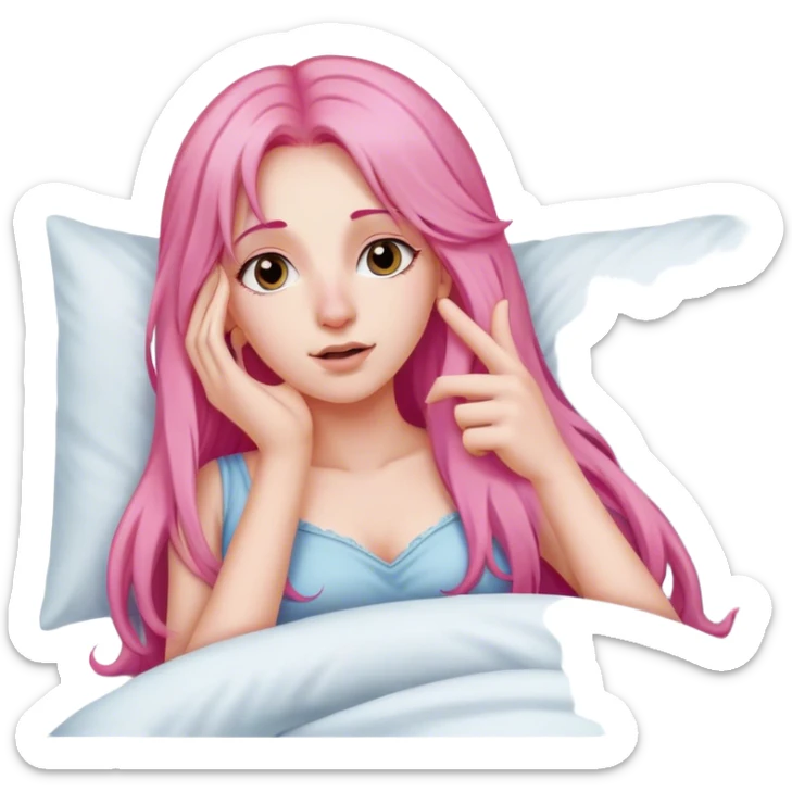 Young Woman with long pink hair In bed with hand up to nose  sticker