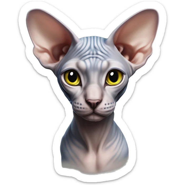   “Realistická sivá Sphynx mačka s nahou kožou, s výrazom naštvania, svetlo zelené prenikavé oči, veľmi detailné, výrazné a emocionálne.” sticker