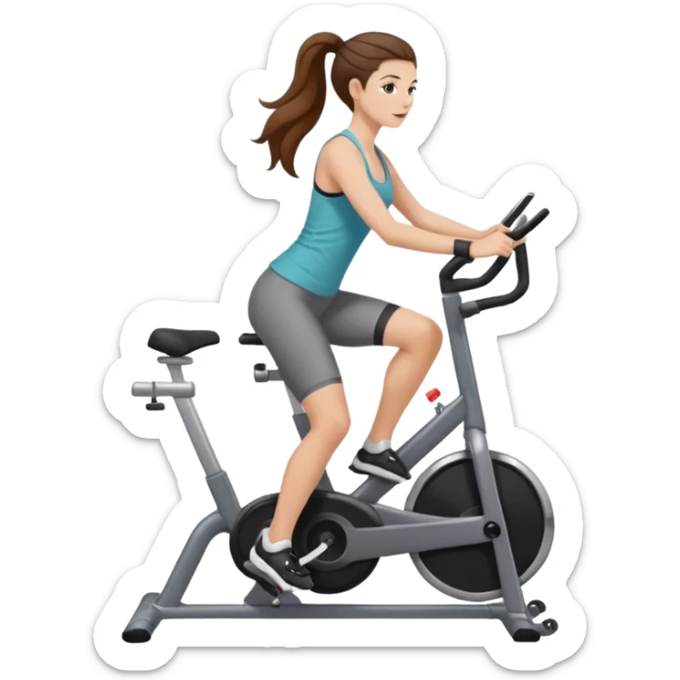 woman with long brown hair pulled back, fair skin, wearing ankle-length leggings on a stationary bike sticker