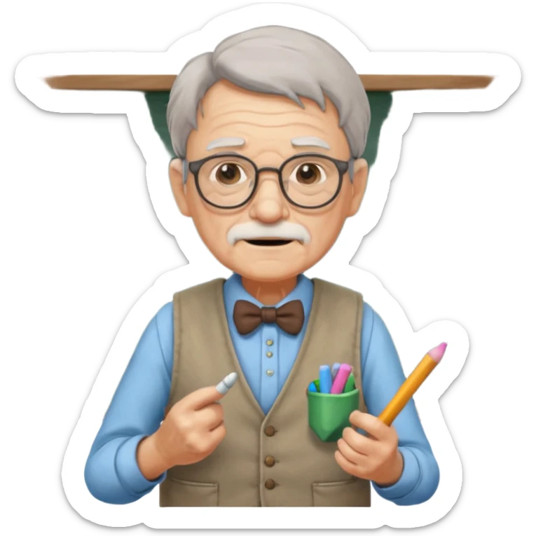 Man teacher: old, wearing vest, wearing glasses, hold chalk on their hand sticker