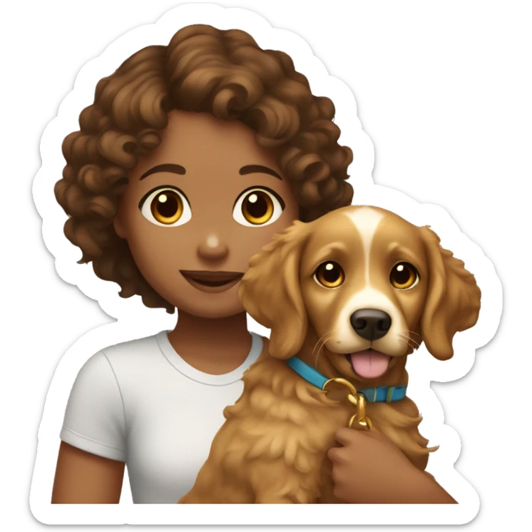 Tan skinned girl with  brown curly hair with a golden retriever puppy sticker