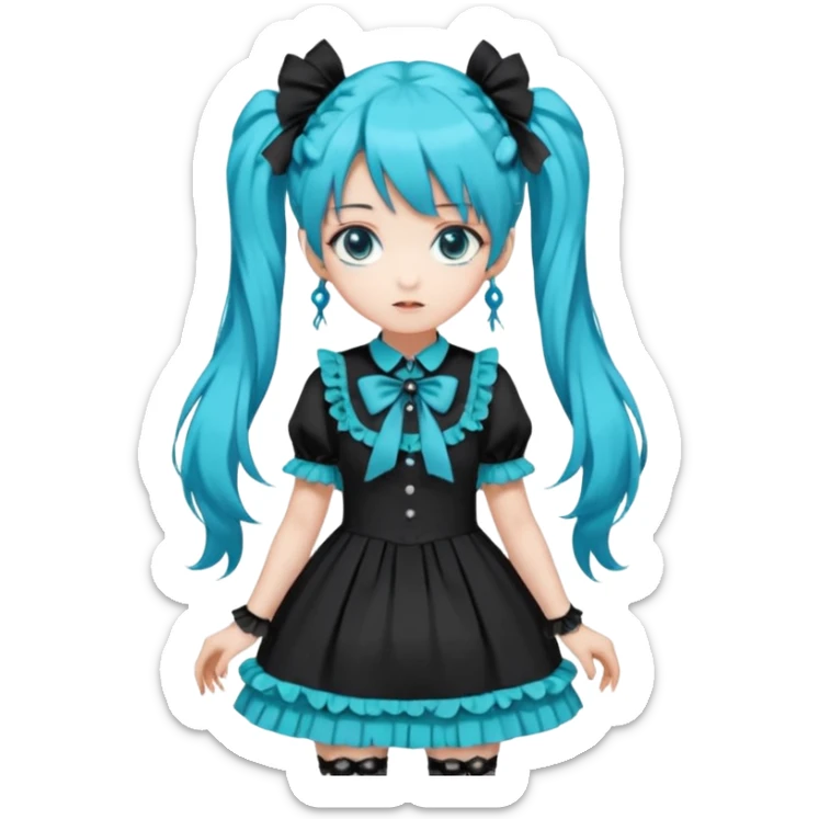 anime-style female character with bright turquoise hair styled in twin tails and matching blue eyes. Her outfit is a frilly turquoise and black dress in a Lolita-esque style, heavily contrasted with black ribbons and trim. A key detail is the prominent "AWP" logo printed in black on the chest, sticker