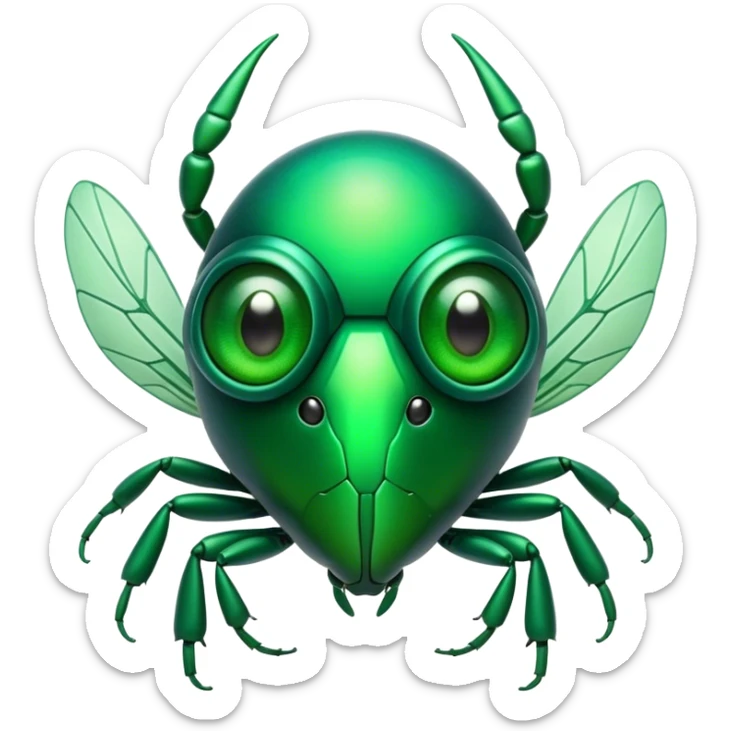 Cinematic Noble Green Bugdie Portrait Emoji, Poised and regal, with a tiny, delicate build and a vibrant, well-detailed emerald exoskeleton, deep-set soulful multifaceted eyes, Simplified yet sharp and sophisticated features, highly detailed, glowing with a soft, dignified glow, high shine, intelligent and alert, stylized with an air of miniature majesty, focused and attentive, soft glowing outline, capturing the essence of a watchful and confident insect, so majestic it feels as though it could scuttle out of the screen with effortless authority! sticker