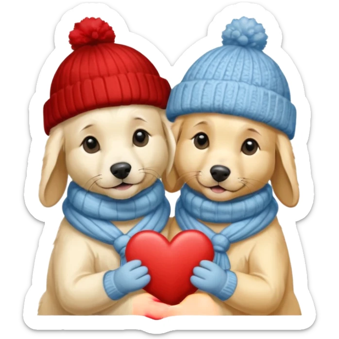 2 English cream golden retrievers cuddling with winter hats and heart in between them. Make them pale dogs  sticker