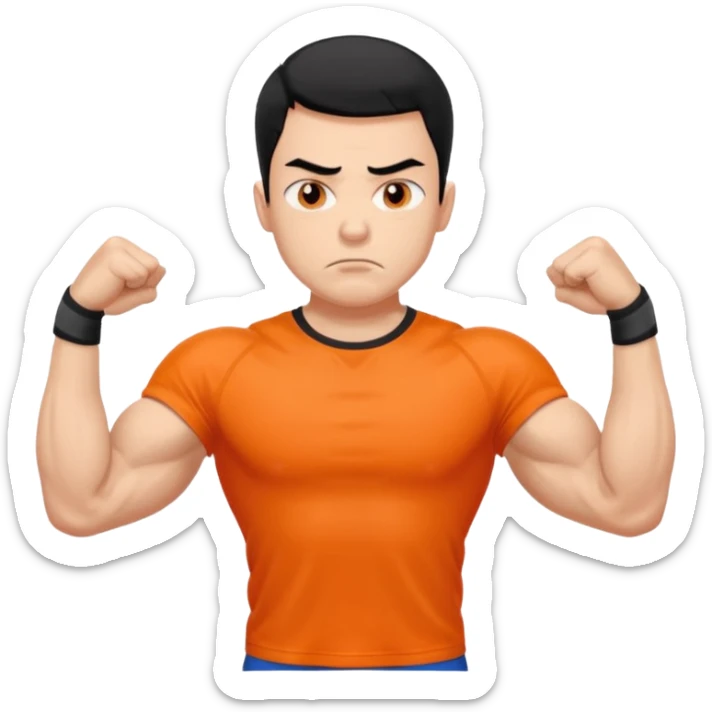 Mach mir einen unglücklichen typen der im gym trainert und viele muskeln hat mit einem orangen sport thshirt und schwarzen kurzen haaren sticker