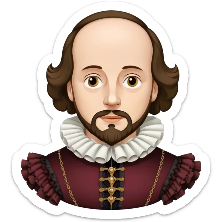 Cinematic Realistic portrait of William Shakespeare, depicted as an iconic playwright in richly detailed Elizabethan attire with a ruffled collar, expressive eyes, and a thoughtful gaze, bathed in dramatic historical lighting that evokes the Bard’s timeless legacy sticker