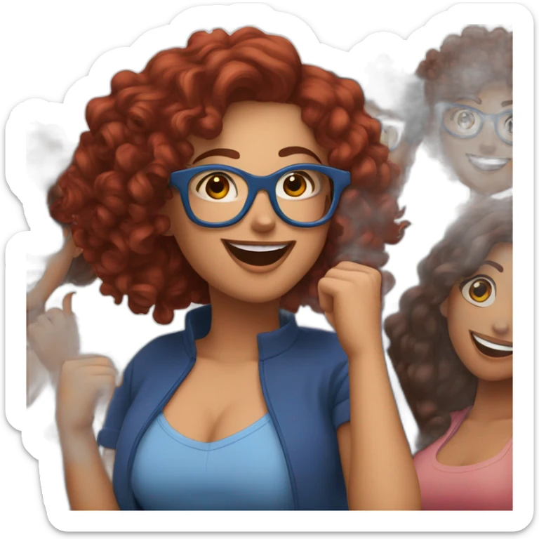 a-curvy-girl-with-dark-red-curly-hair-and-blue-glasses dancing with friends sticker