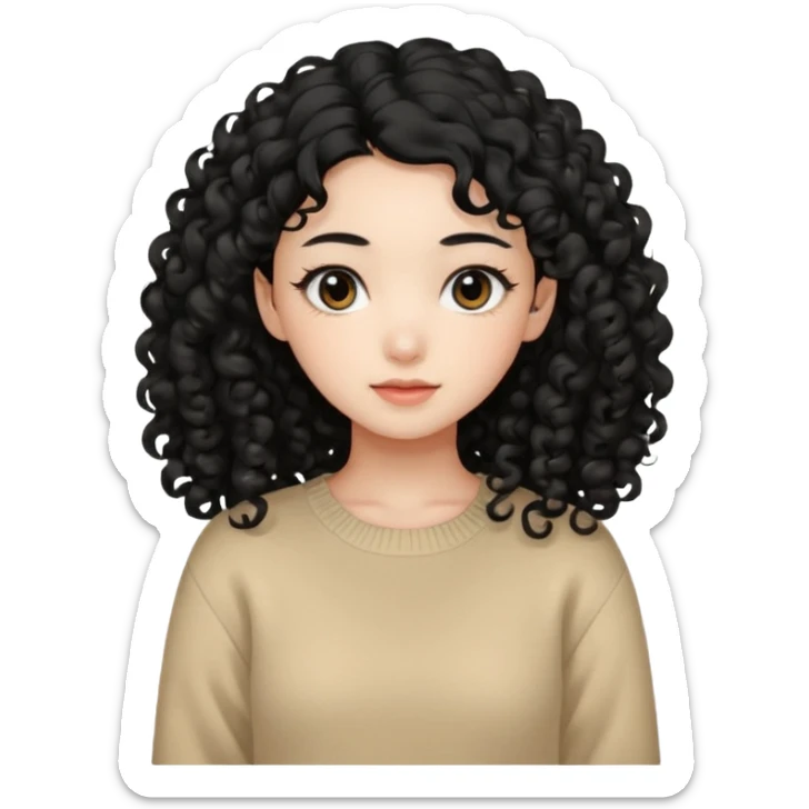 Beautiful girl,Black hair, curly long hair,Black eyes,Chinese, beige sweater  sticker