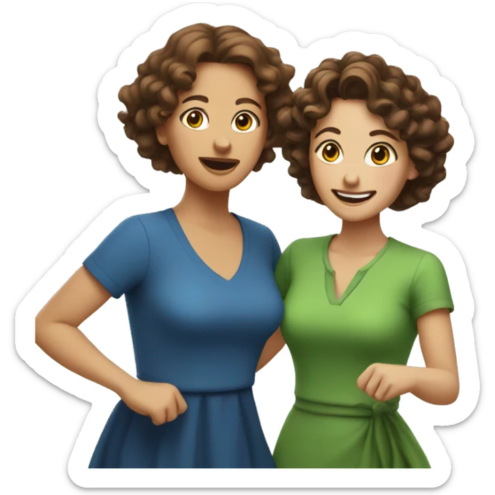 woman with brown curly hair in blue dress dancing with woman with brown wavy hair in green shirt  sticker