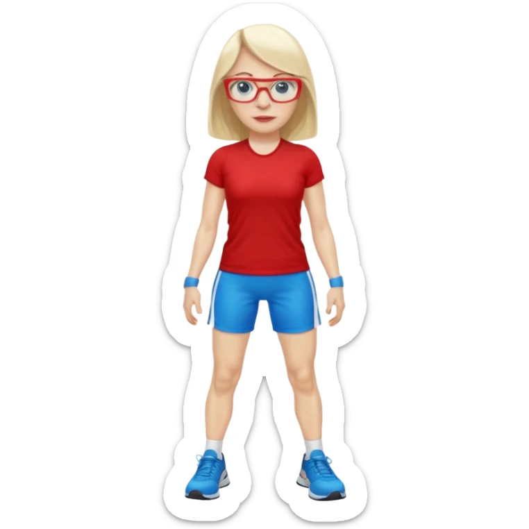 45 yr old white woman, pale skin, long straight blond hair parted in center, blue eyes, bangs, clothes for gym, big red glasses sticker