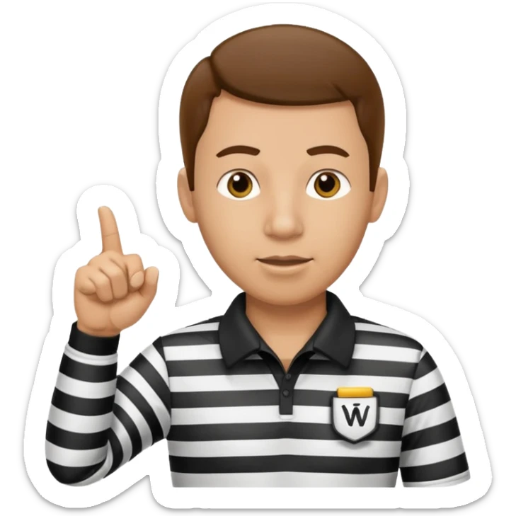 A calm referee with striped shirt, pointing clearly toward the field wearing whistle  sticker