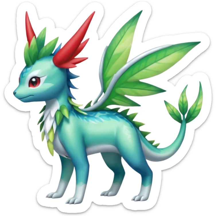 Shiny Colorful Tropical Shaymin-Vaporeon-Sceptile-Flygon-Meloetta-Pokémon-Fakémon-fusion, full body sticker