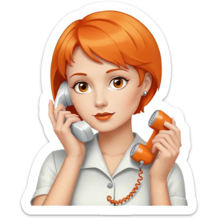 woman with short orange hair holding a vintage white phone to her ear, upper body sticker