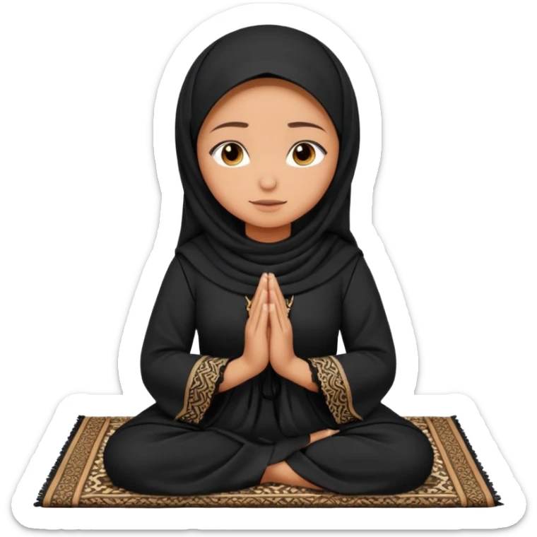 muslim woman praying on a praying mat with a black laced abaya on sticker