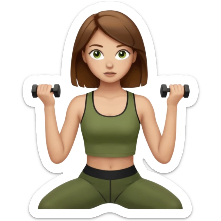 Girl with green eyes, brown hair that goes to her elbows, light skin, and freckles wearing an olive green crop top with black leggings working out, she has light gorgeous lashes sticker