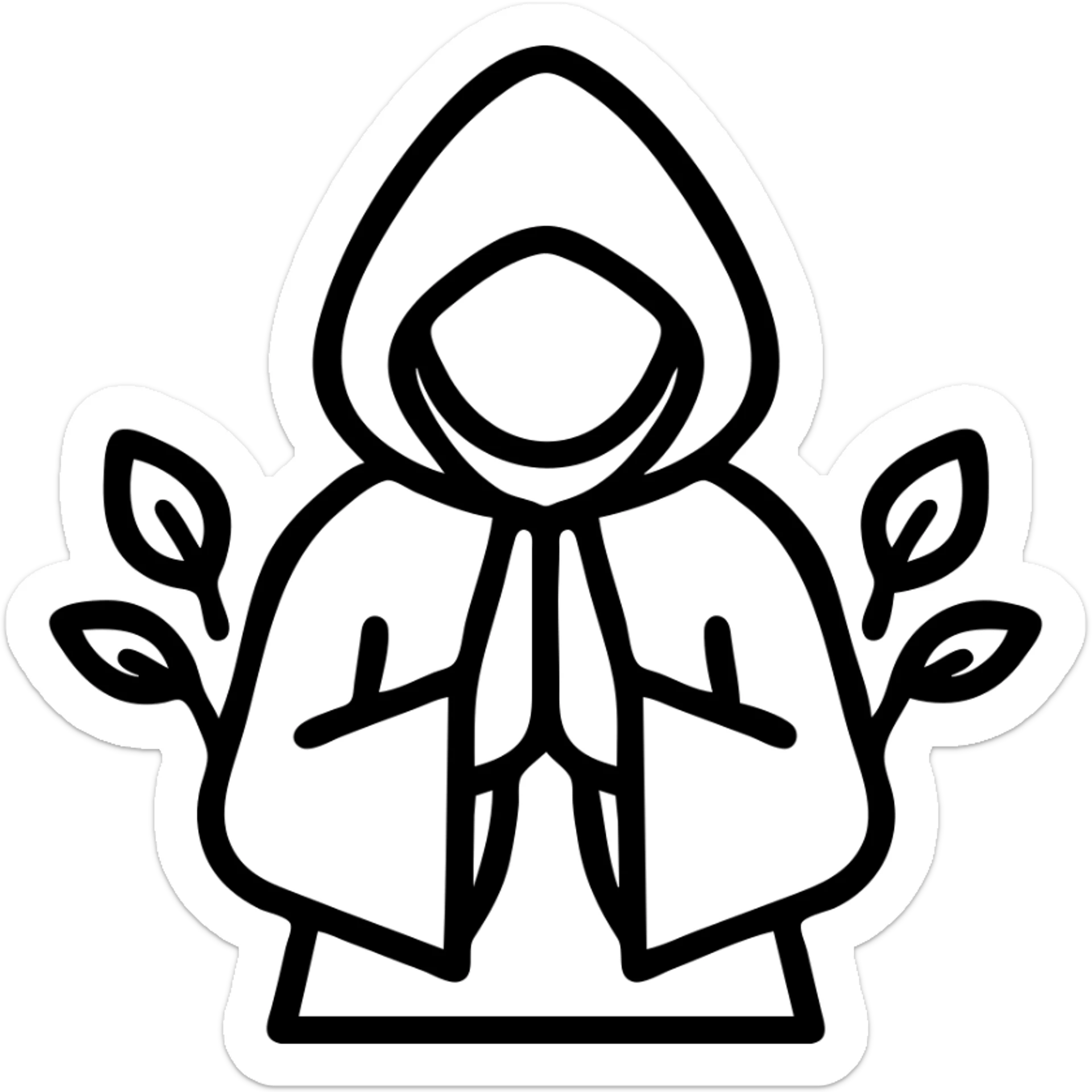 minimalist line art logo of a hooded monk in prayer with hands together, no face, wearing a robe with loose sleeves, two symmetrical leaves on each side, earthy brown tones on light parchment background, logo style Monachus sticker
