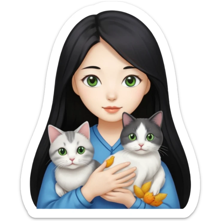 A pretty Korean woman with long black hair, white skin, holding a gray-lined green-eyed cat and a white blue-eyed blind chicken cat
 sticker