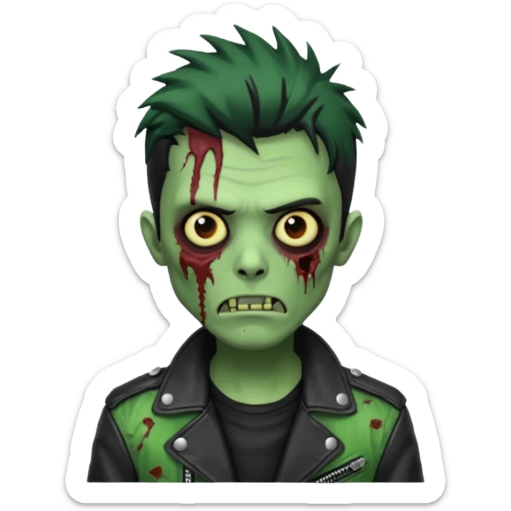 Hombre zombie de piel verde con chaqueta de cuero punk, pelo negro sticker